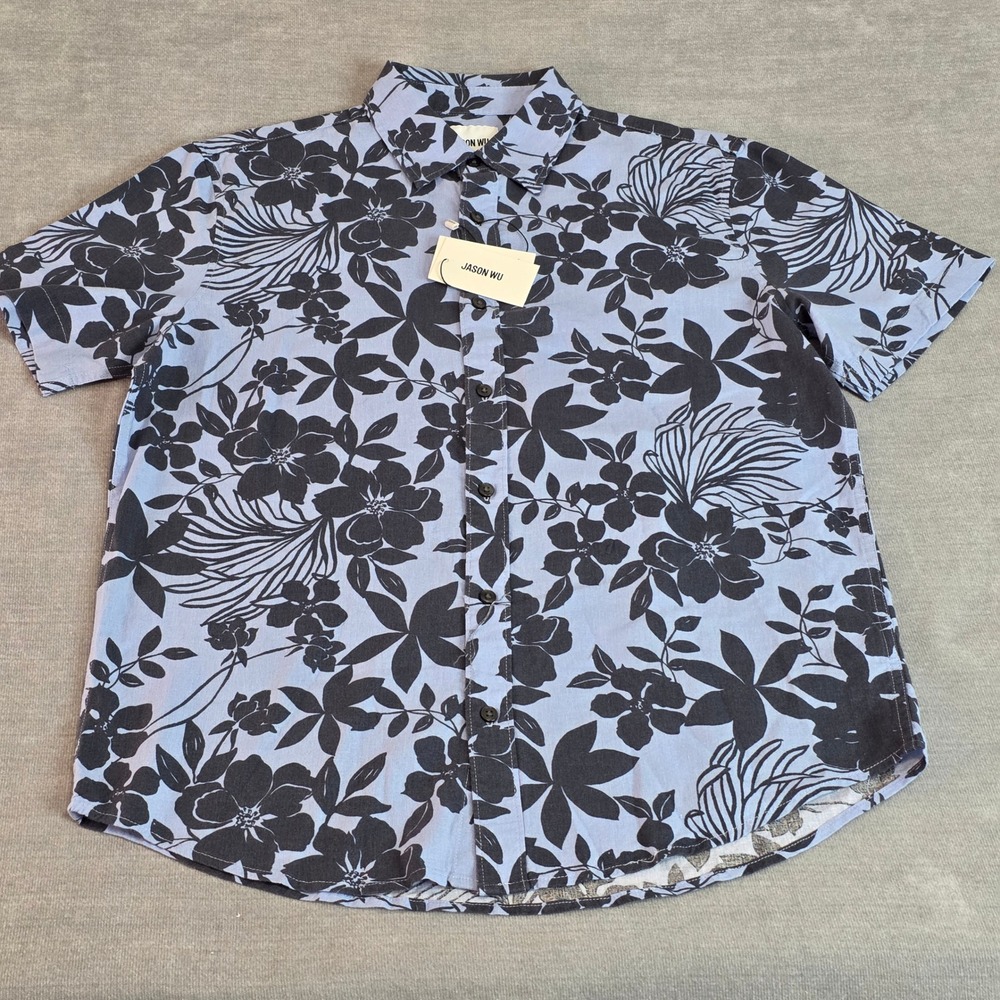 Jason Wu Mens Floral Print Linen Blend Button Down Shirt Blue Black Medium New